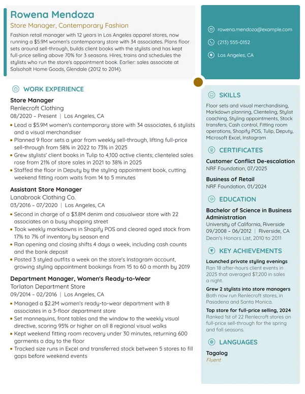 Fashion Retail Manager resume example