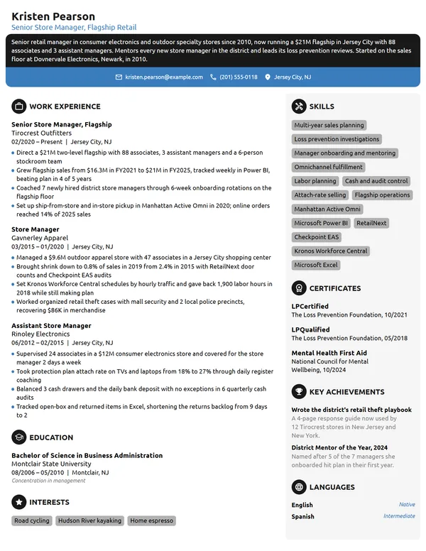Senior Retail Manager resume example