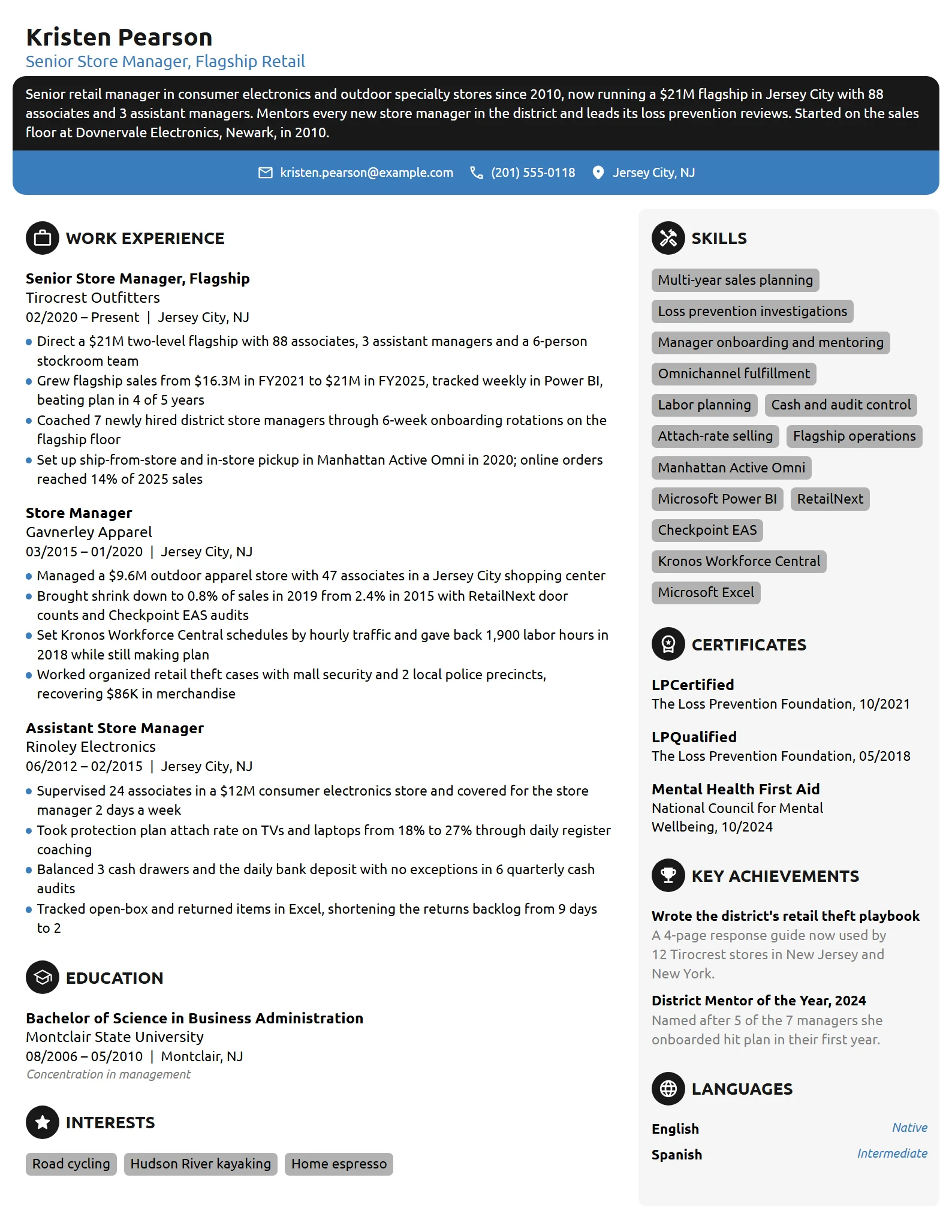 Senior Retail Manager resume example