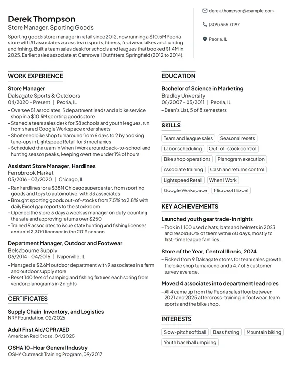 Sporting Goods Retail Manager resume example