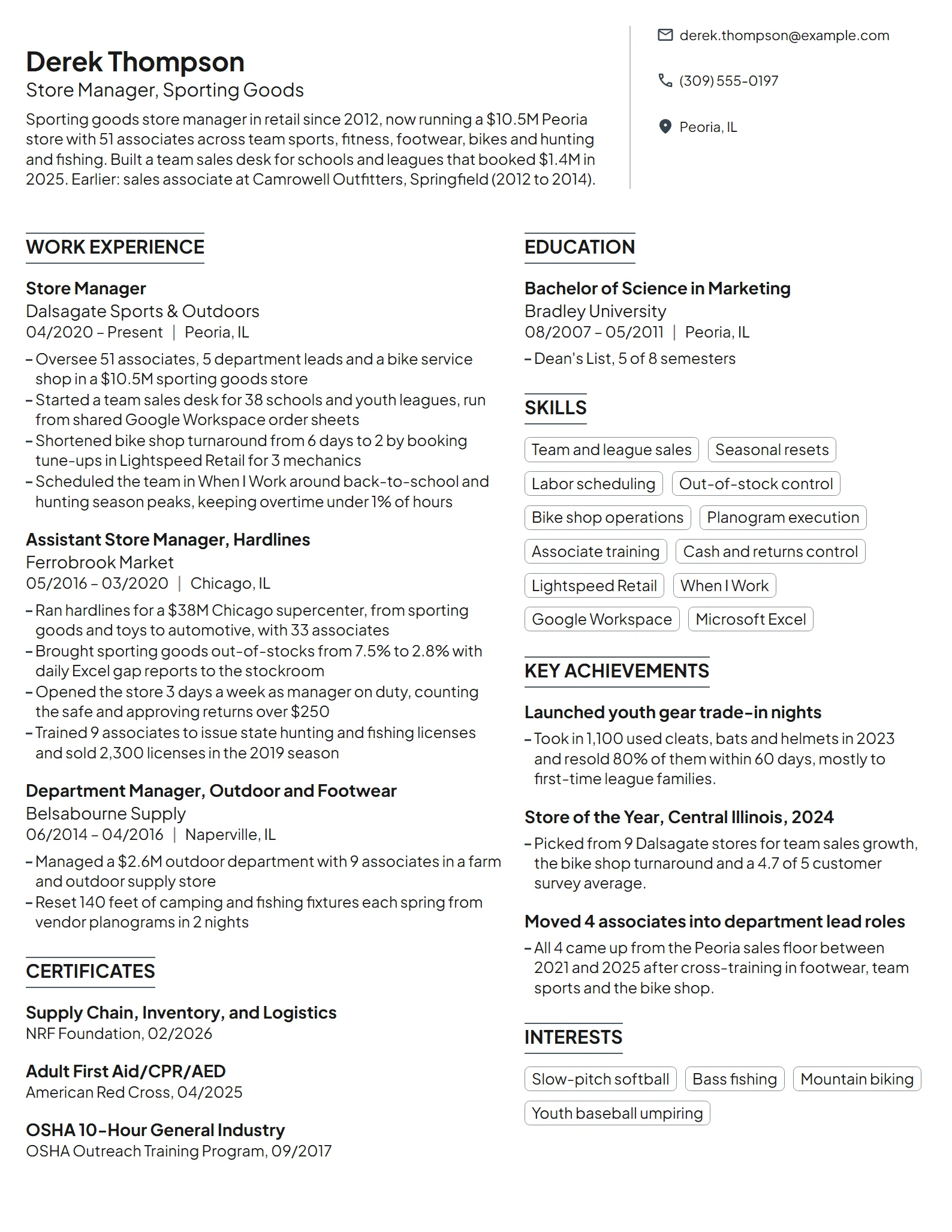 Sporting Goods Retail Manager resume example