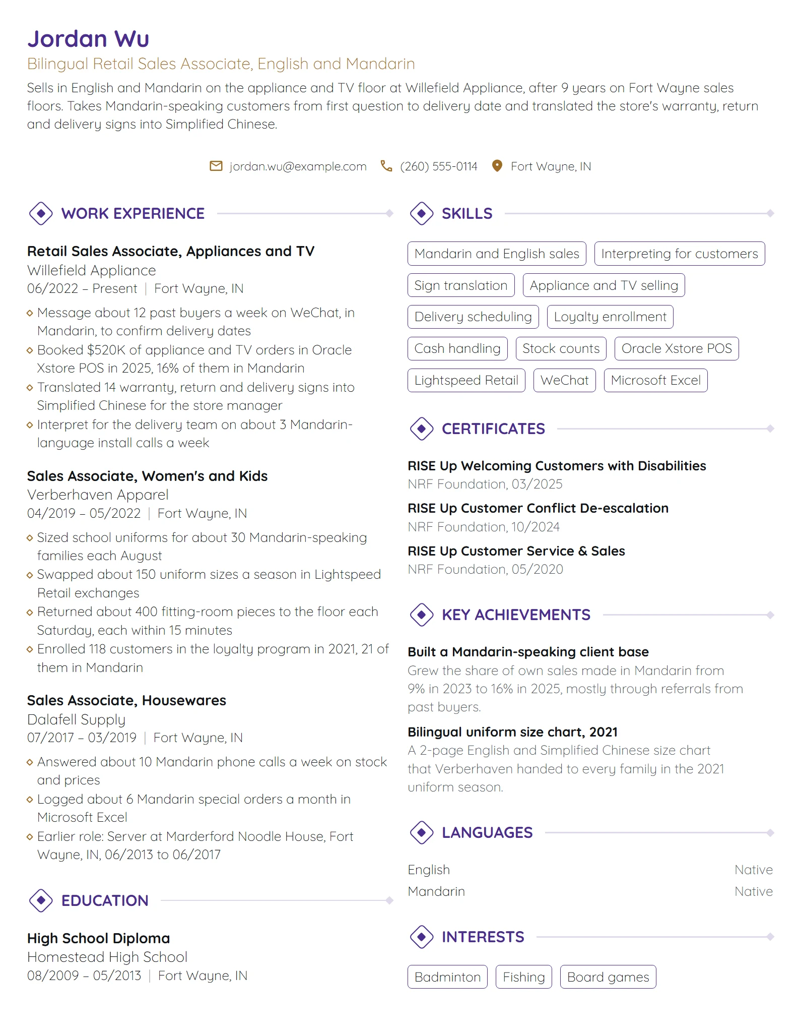 Bilingual Retail Sales Associate resume example