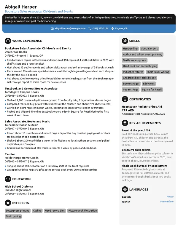 Bookstore Sales Associate resume example
