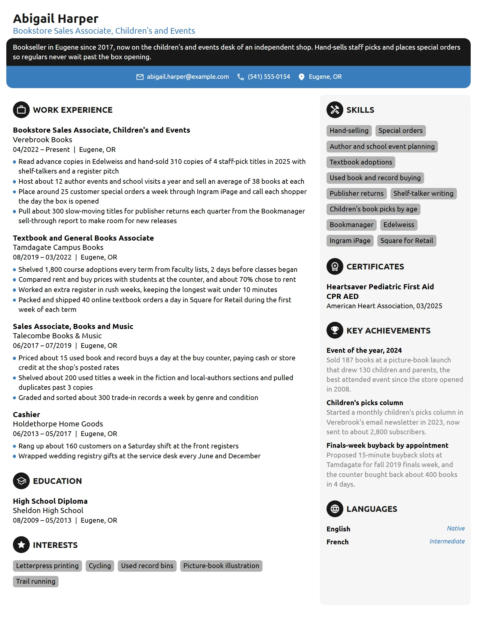Bookstore Sales Associate resume example