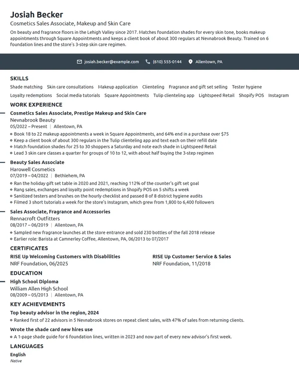 Cosmetics Sales Associate resume example