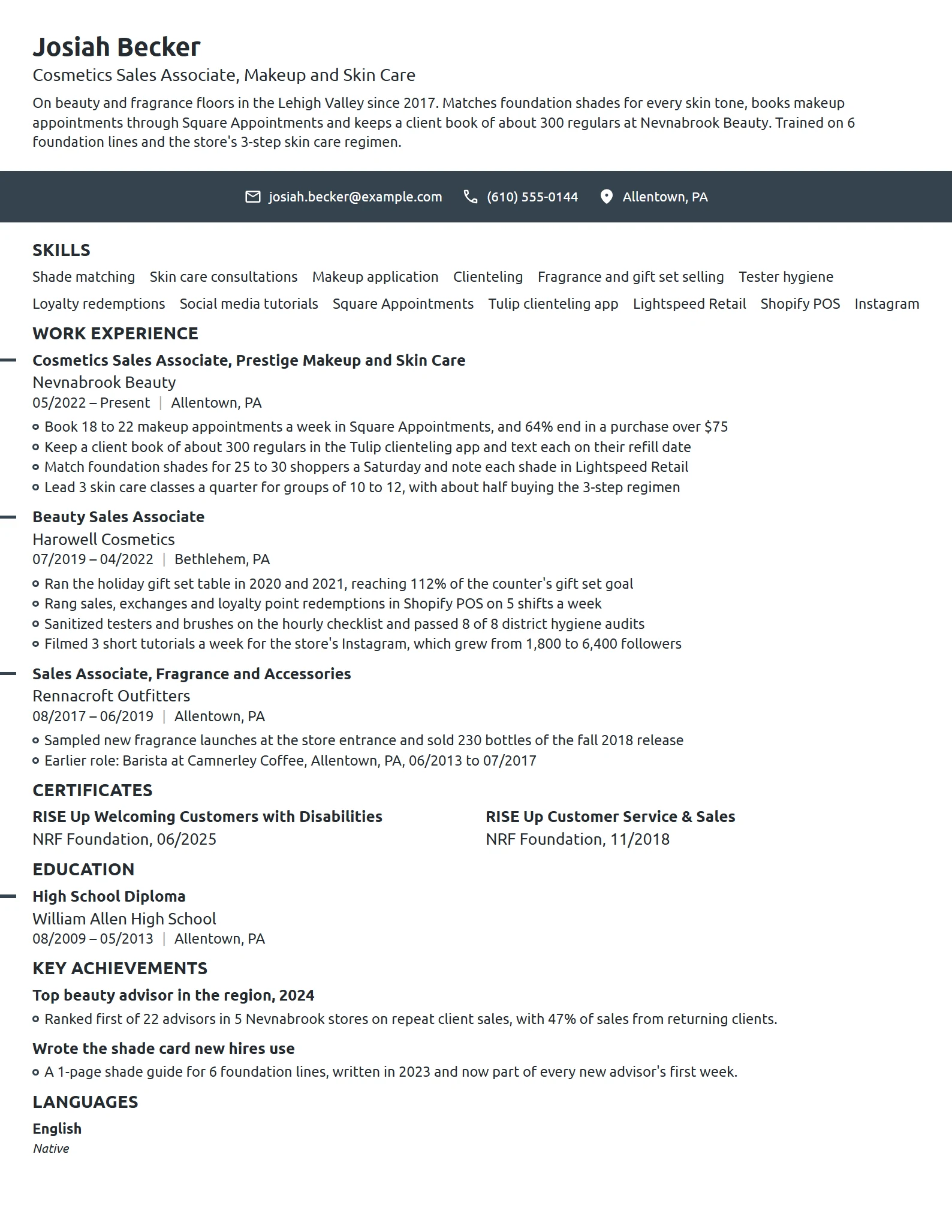 Cosmetics Sales Associate resume example