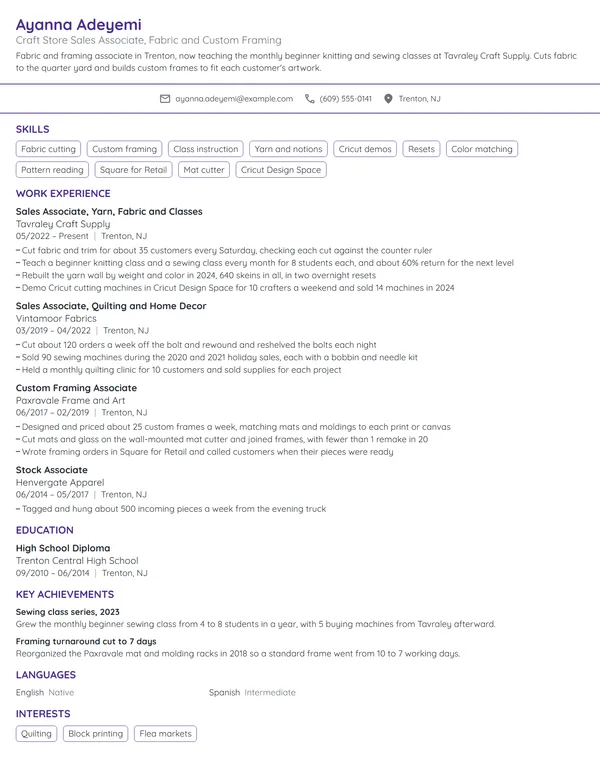 Craft Store Sales Associate resume example