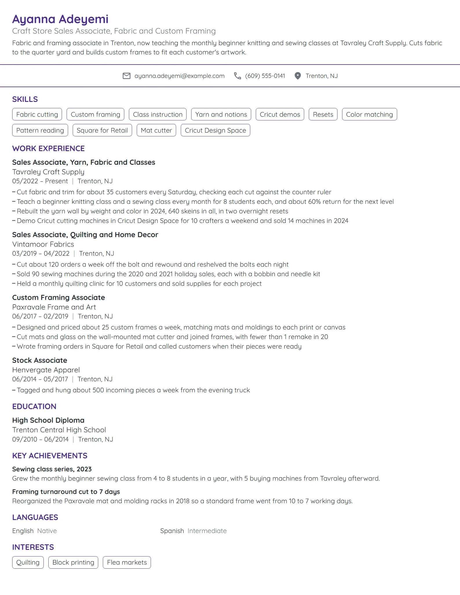 Craft Store Sales Associate resume example