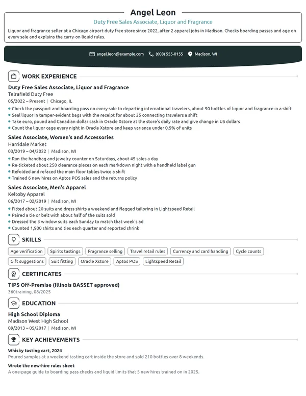 Duty Free Sales Associate resume example