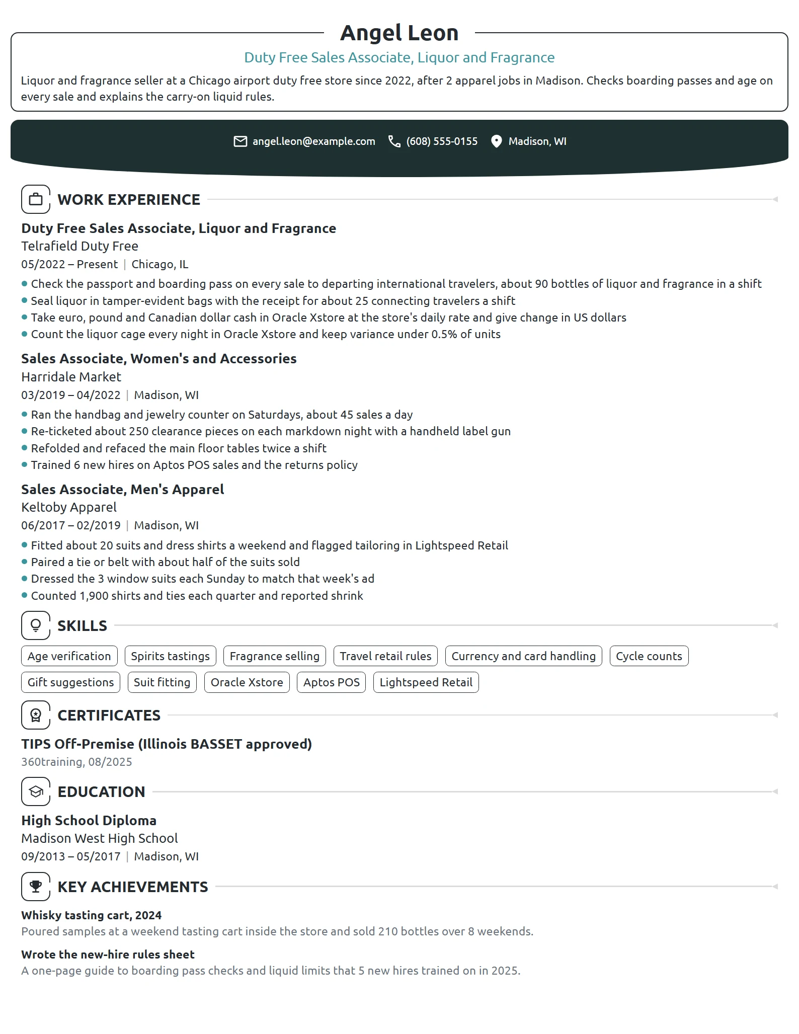 Duty Free Sales Associate resume example