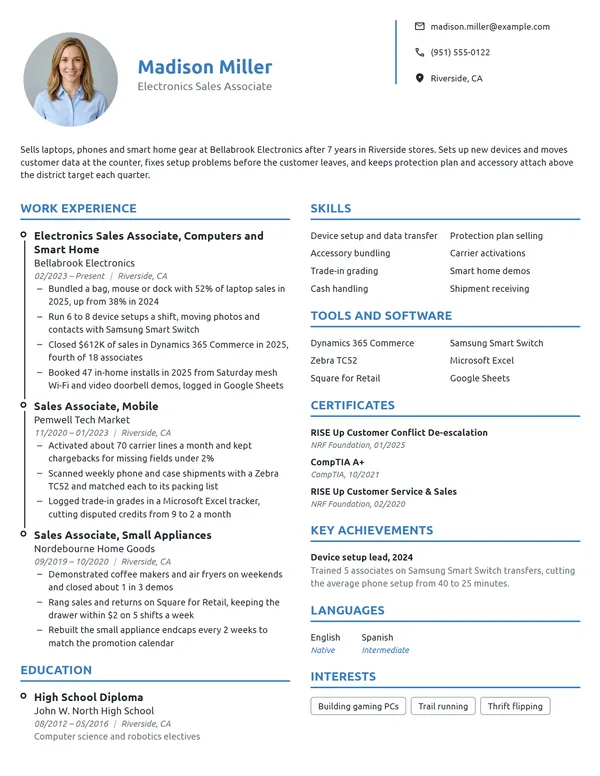 Electronics Sales Associate resume example