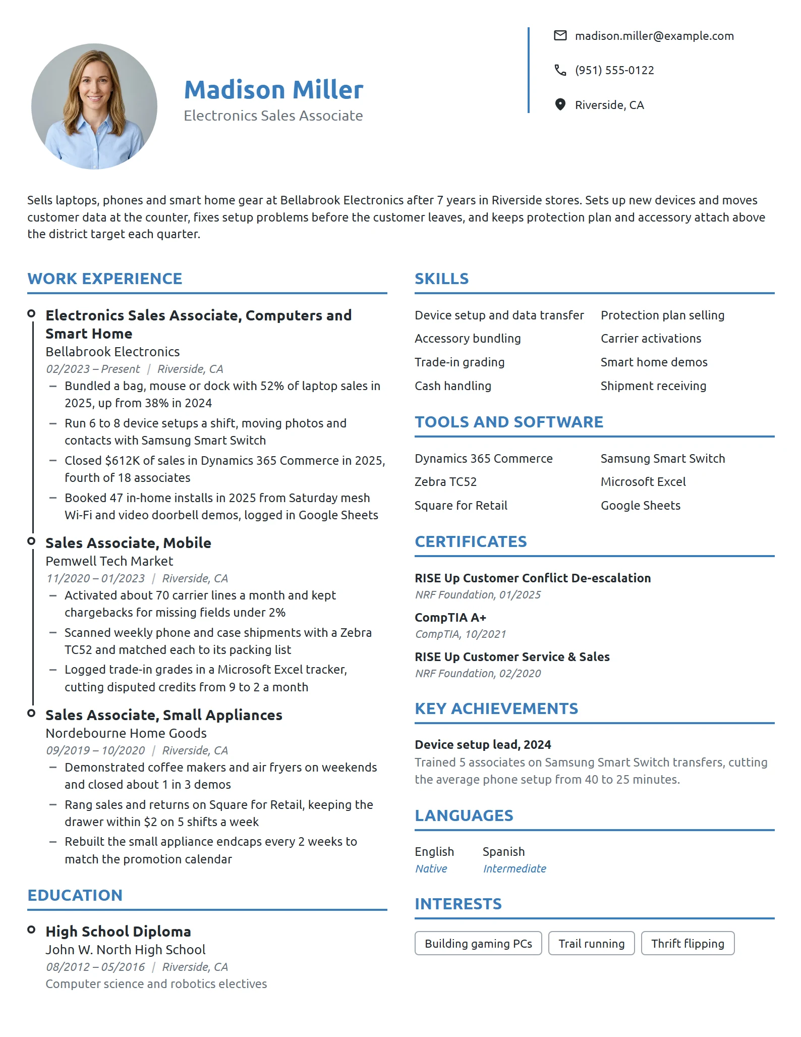 Electronics Sales Associate resume example