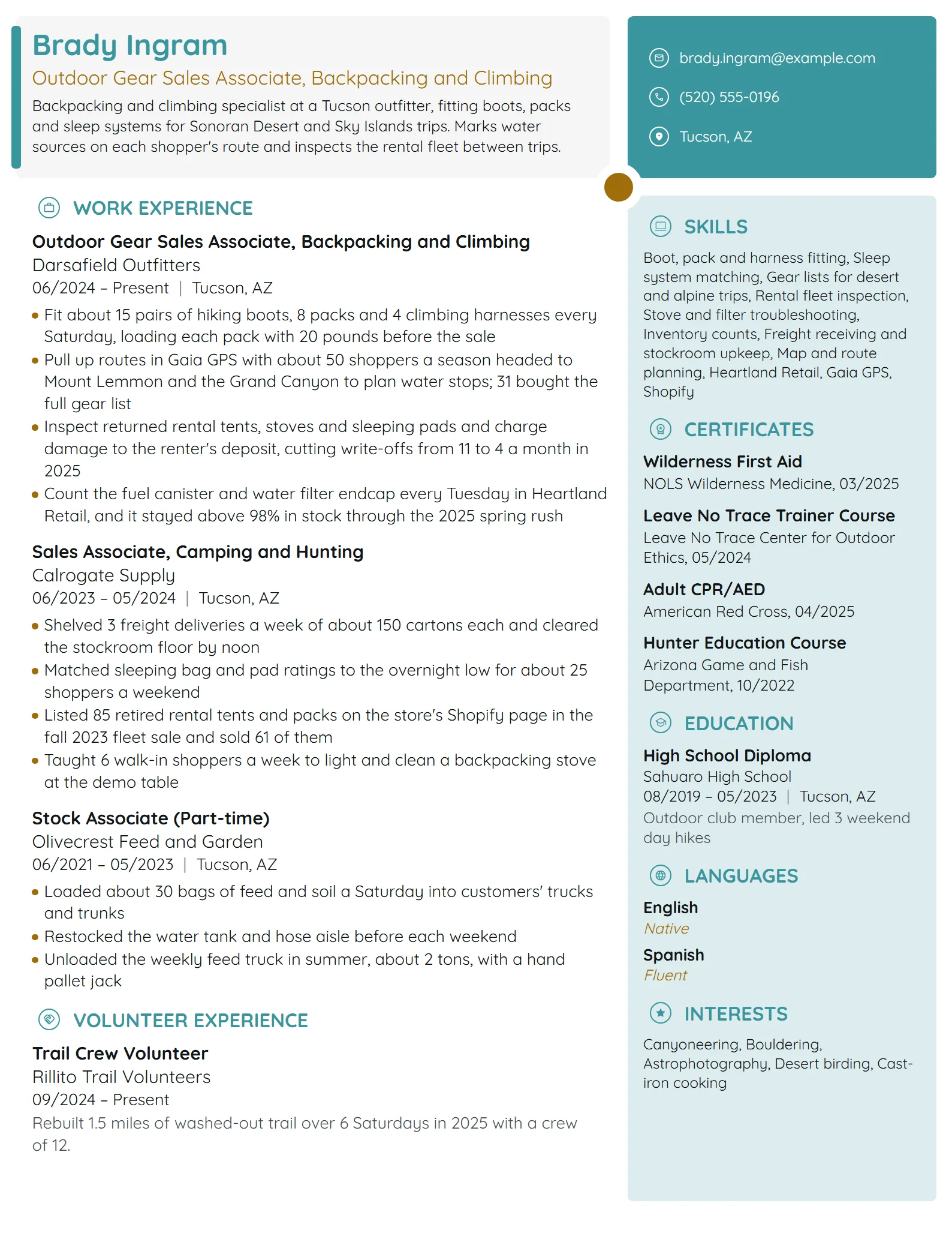 Outdoor Gear Sales Associate resume example