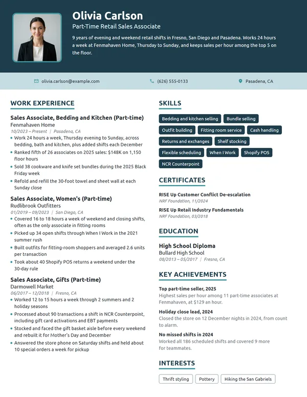 Part-Time Retail Sales Associate resume example