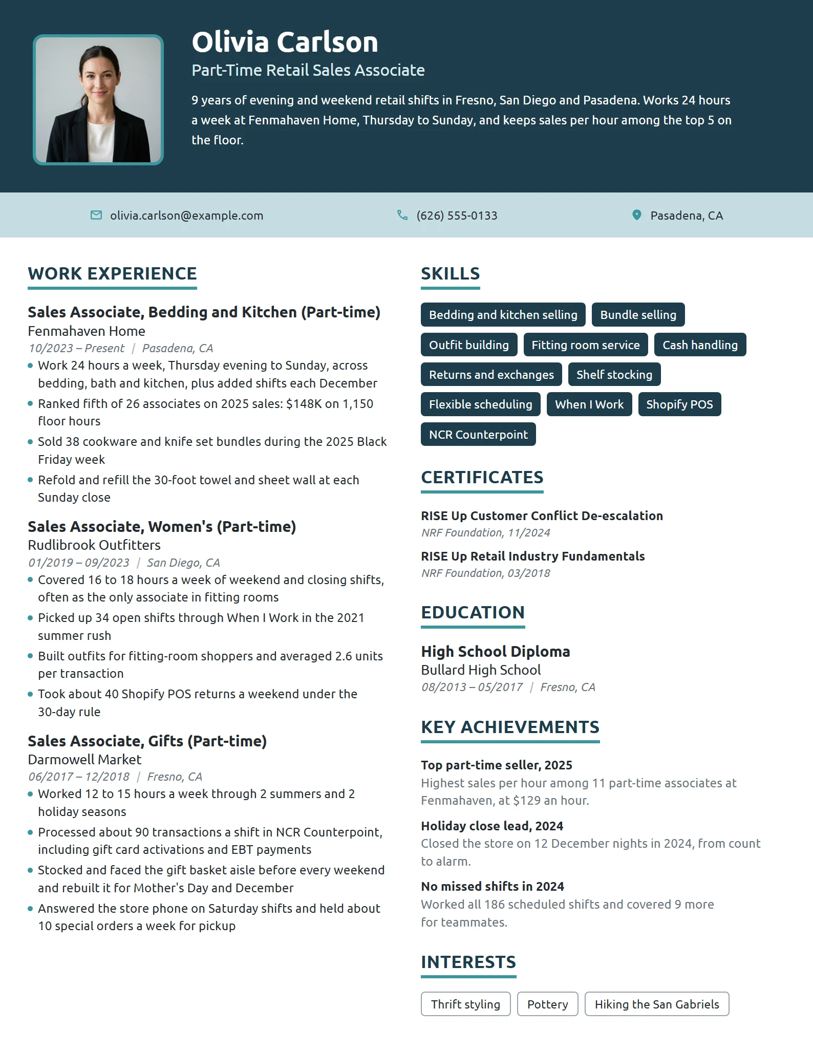 Part-Time Retail Sales Associate resume example