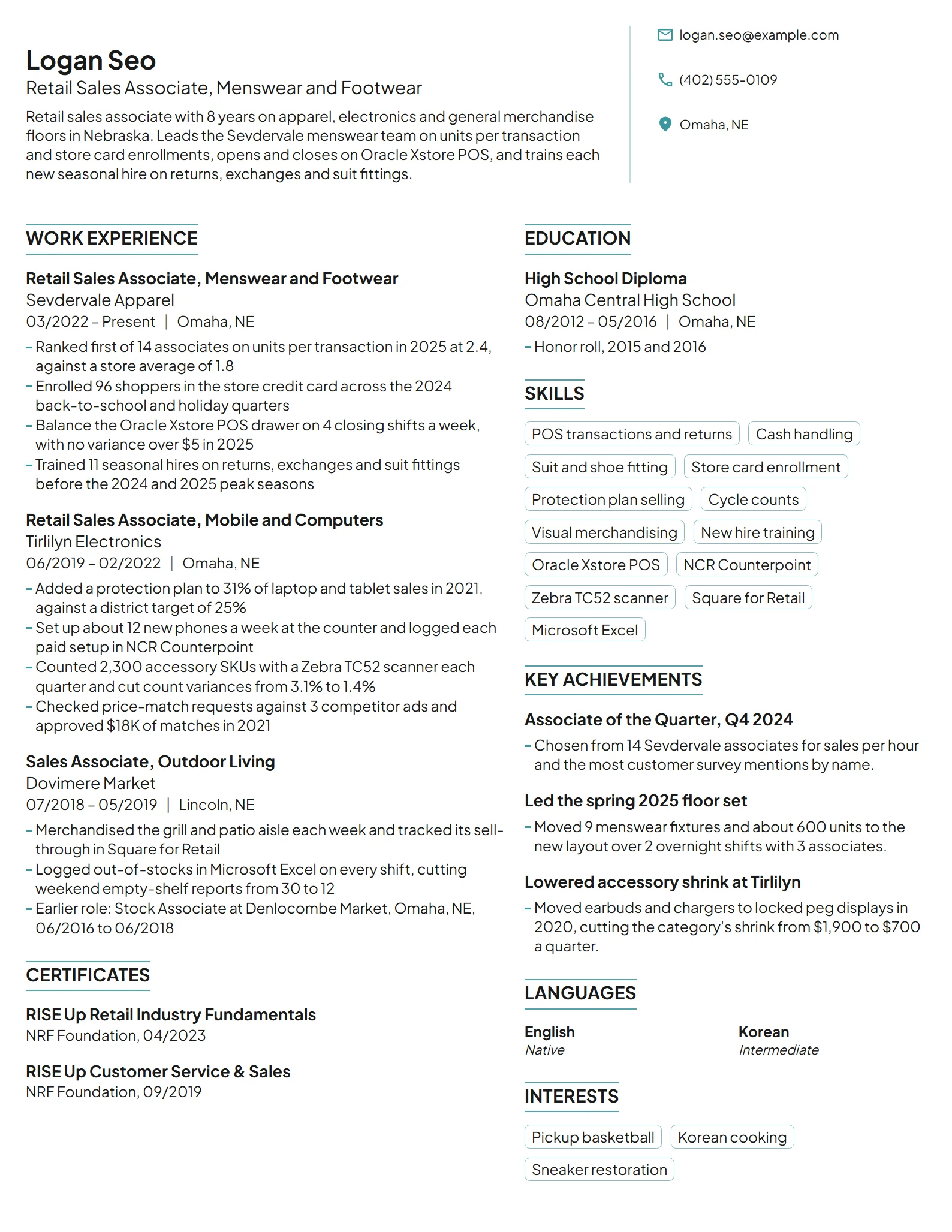 Retail Sales Associate resume example