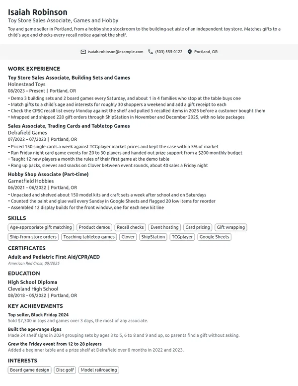 Toy Store Sales Associate resume example