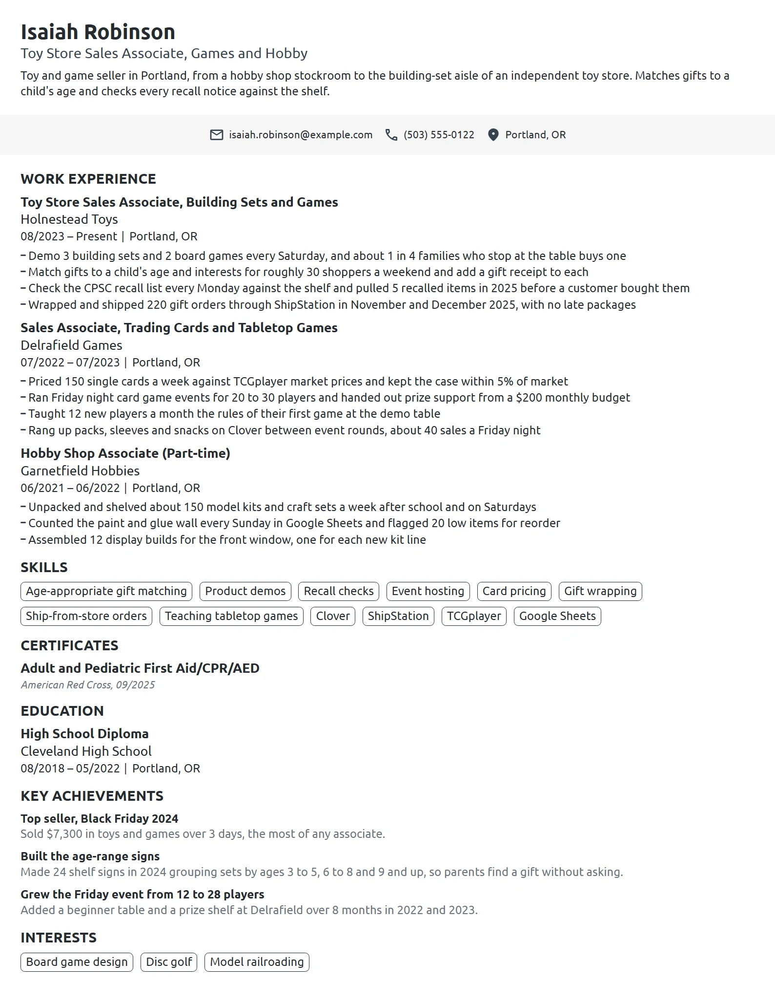 Toy Store Sales Associate resume example