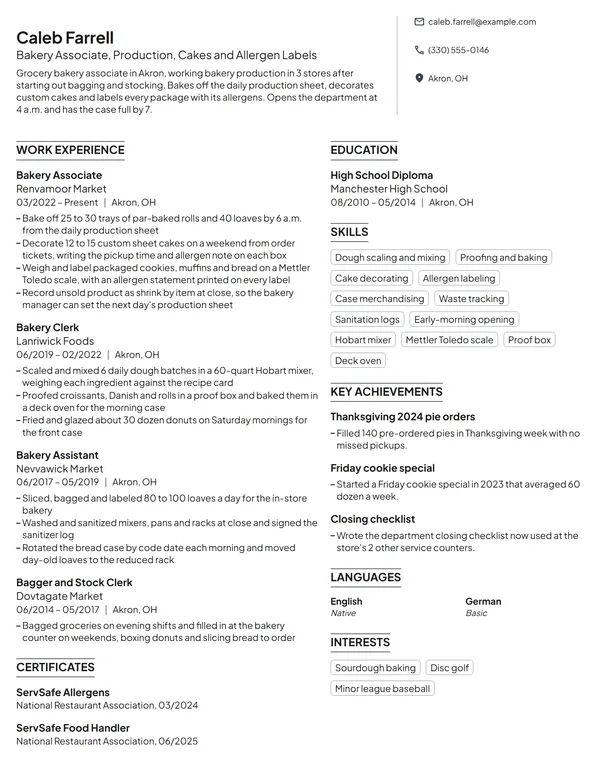 Bakery Associate resume example