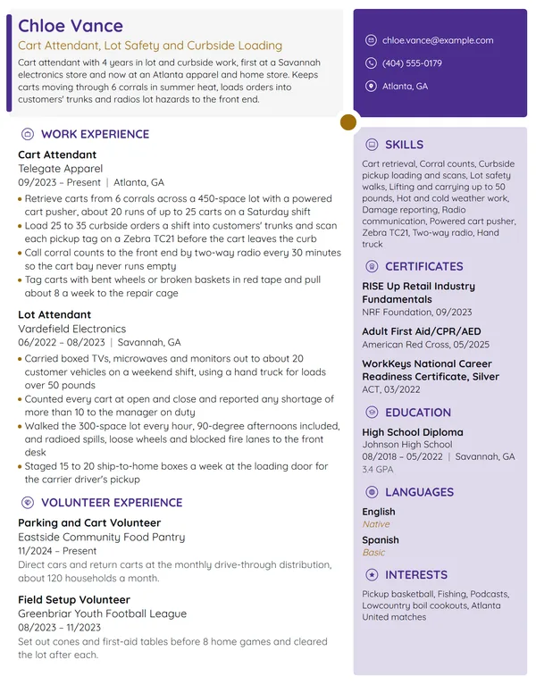 Cart Attendant resume example