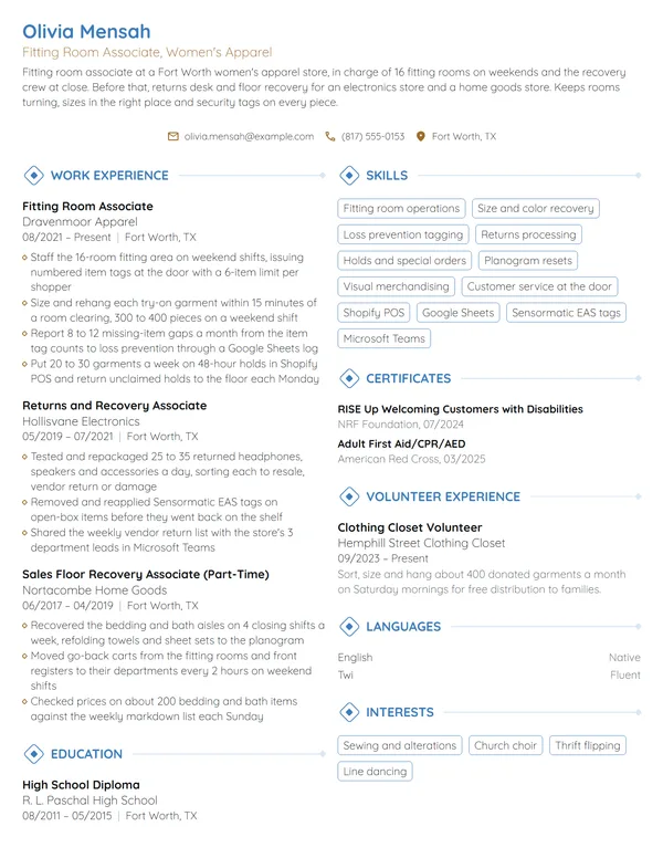 Fitting Room Associate resume example