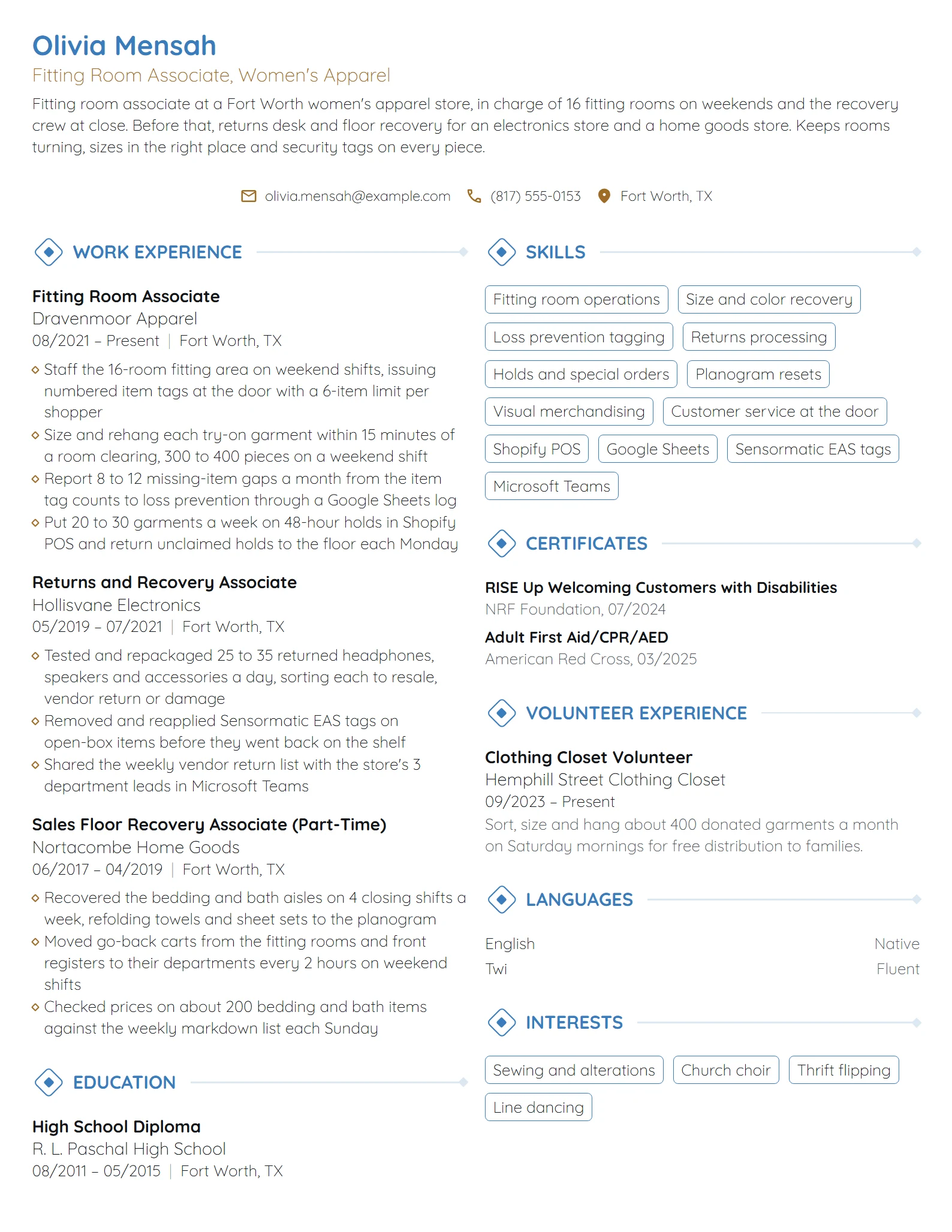 Fitting Room Associate resume example