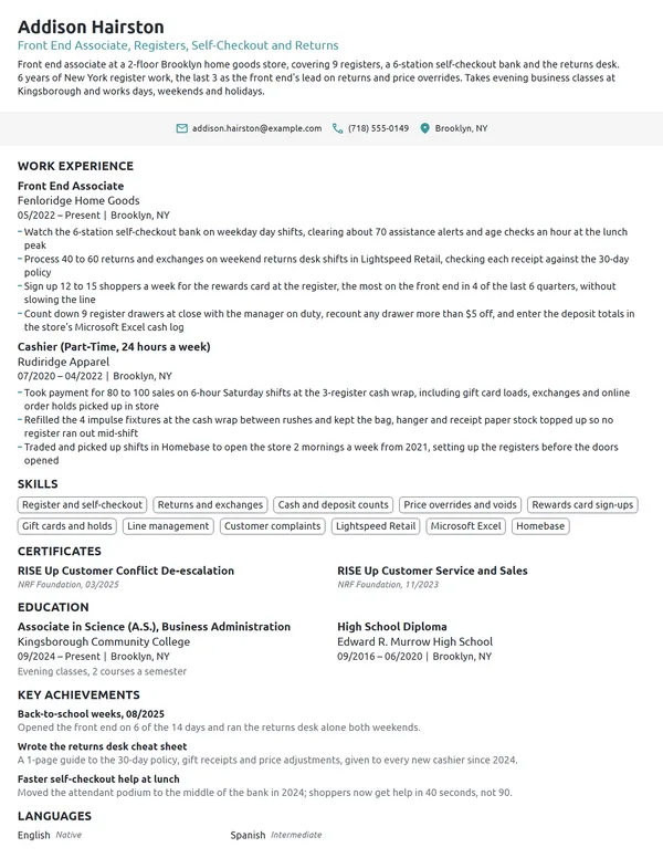 Front End Associate resume example