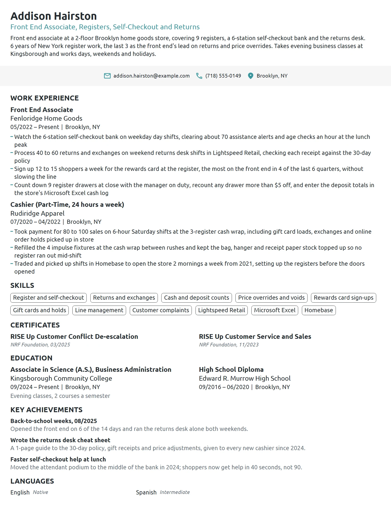 Front End Associate resume example