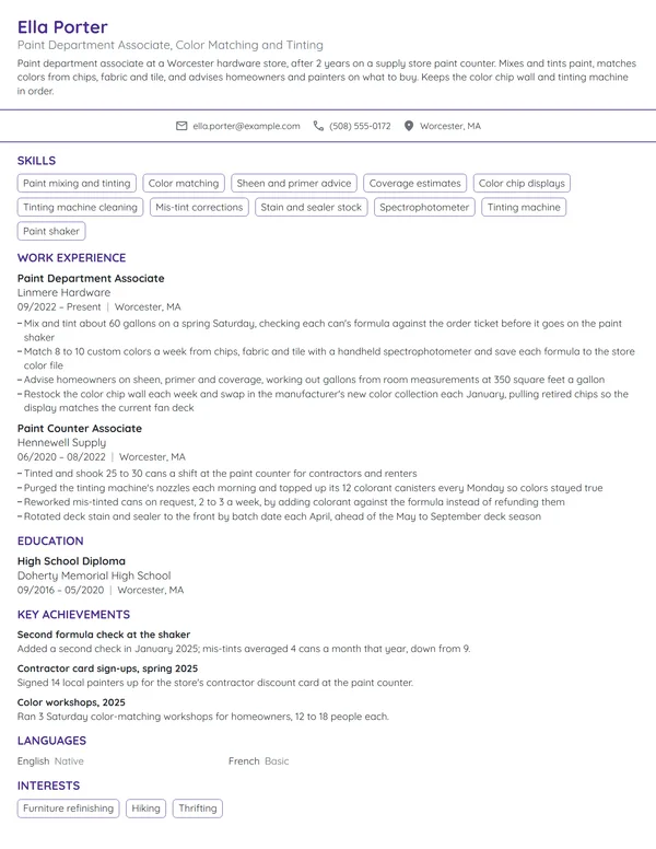 Paint Department Associate resume example