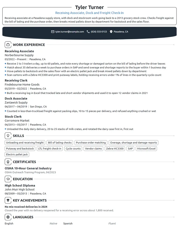 Receiving Associate resume example