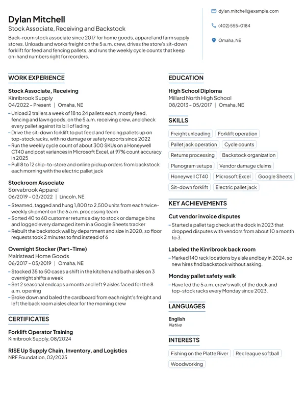 Stock Associate resume example
