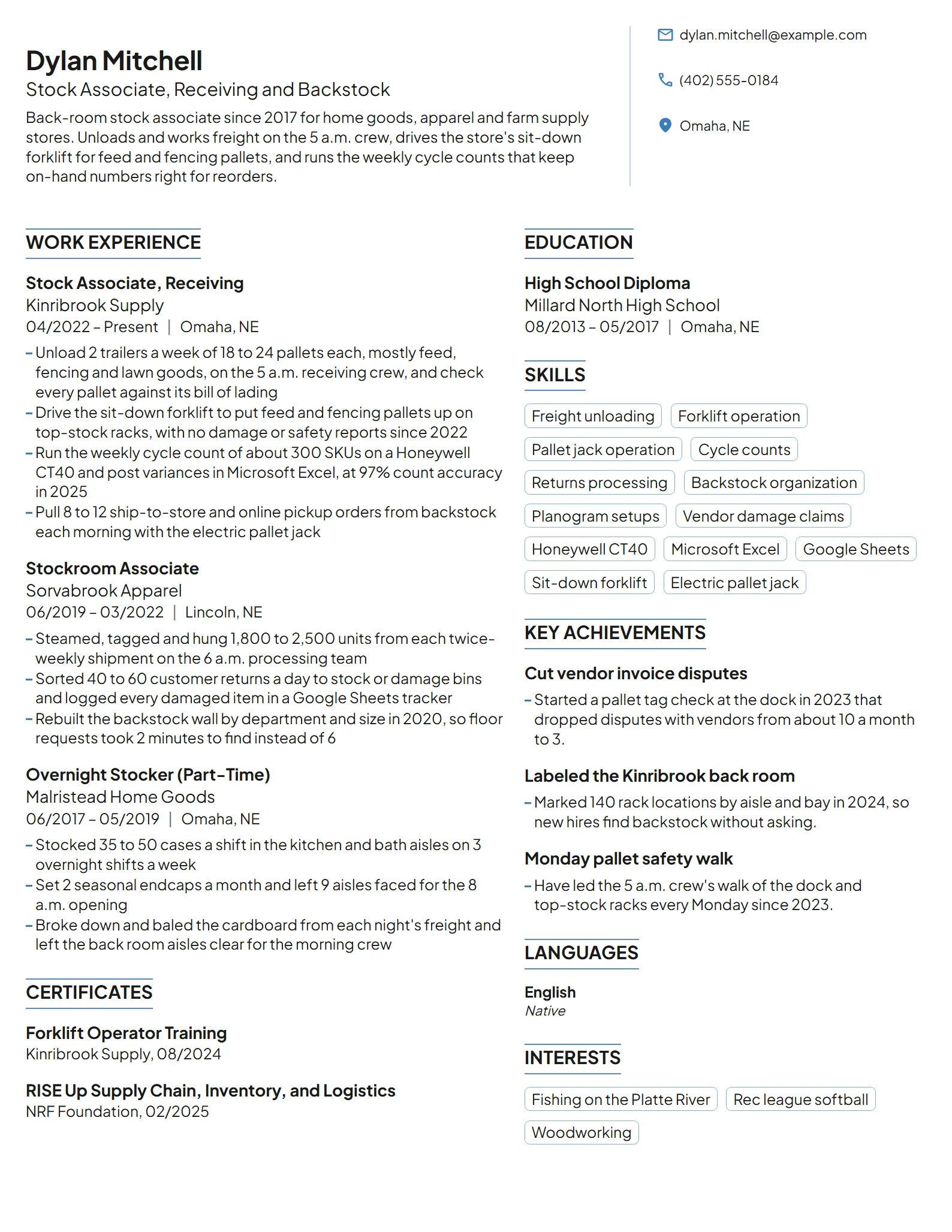 Stock Associate resume example
