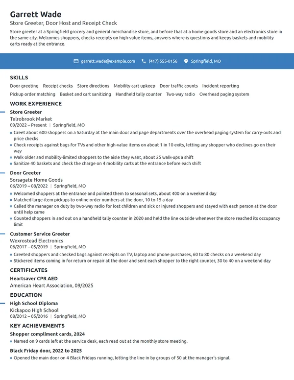 Store Greeter resume example