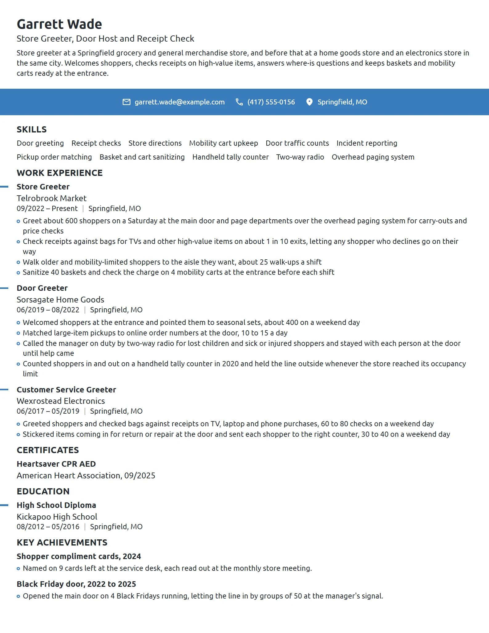 Store Greeter resume example