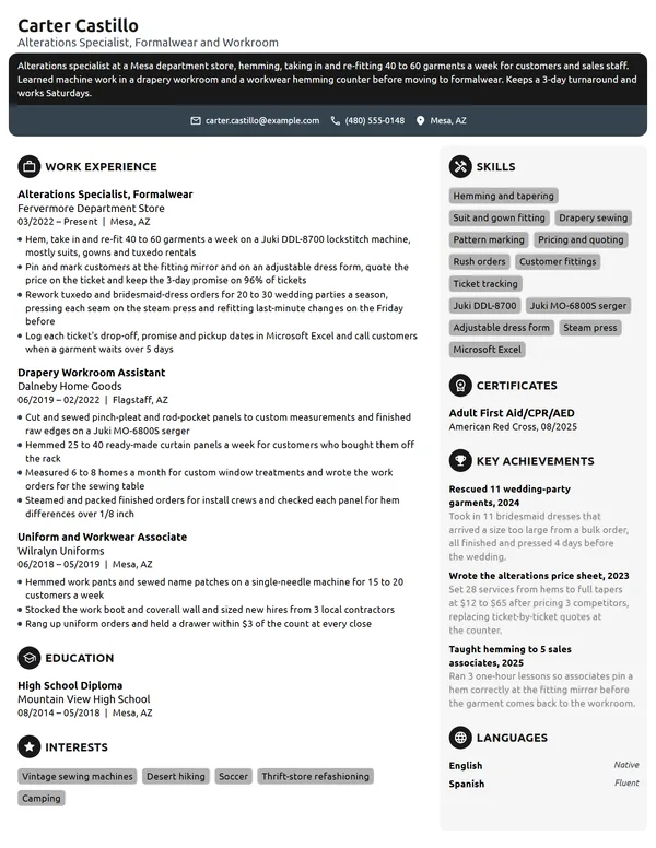 Alterations Specialist resume example