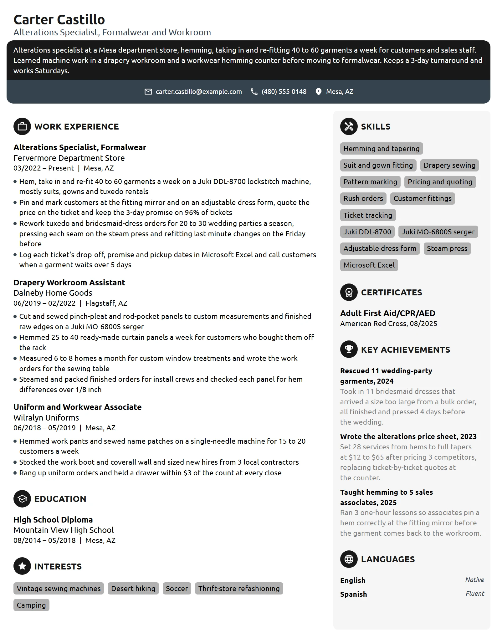 Alterations Specialist resume example