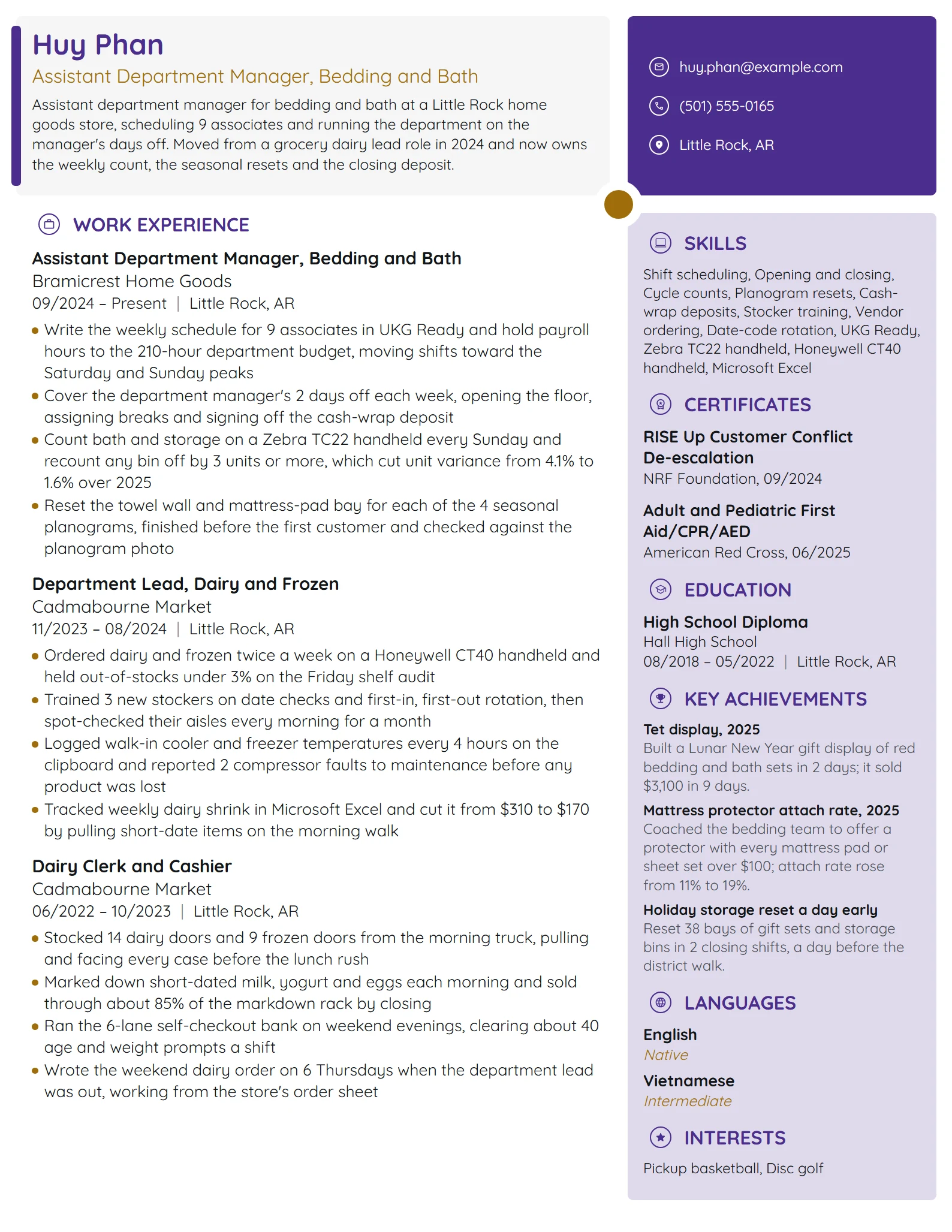 Assistant Department Manager resume example