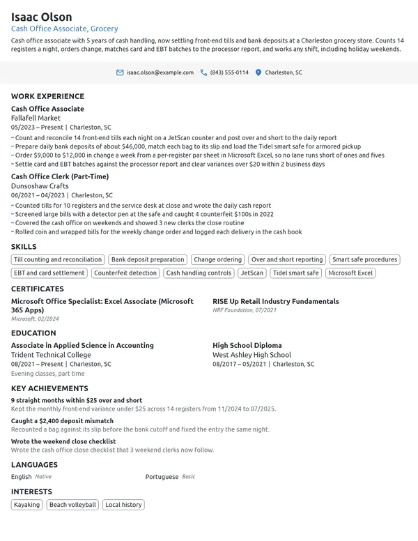Cash Office Associate resume example
