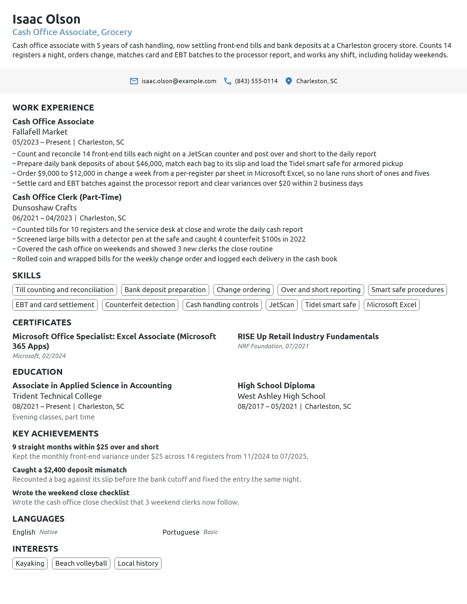 Cash Office Associate resume example