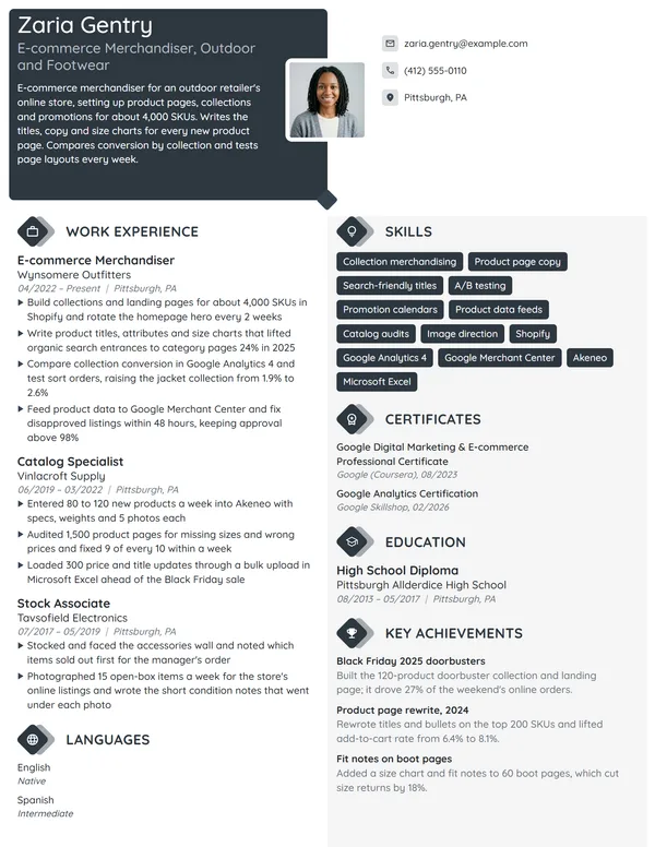 E-commerce Merchandiser resume example