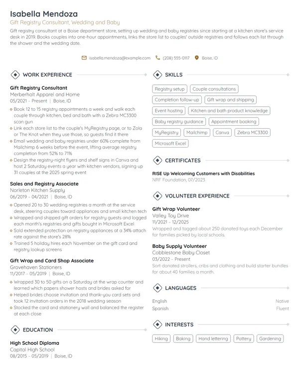 Gift Registry Consultant resume example