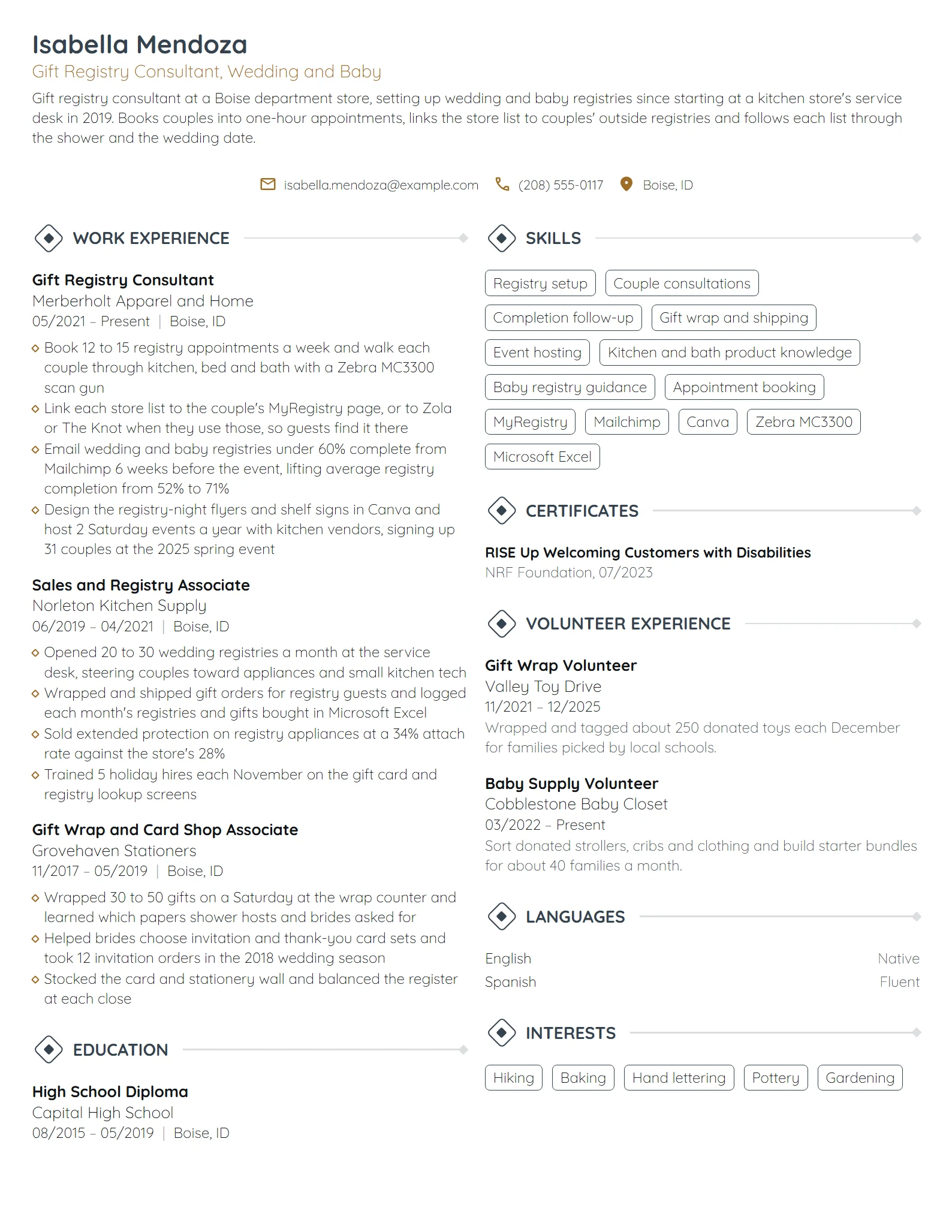 Gift Registry Consultant resume example