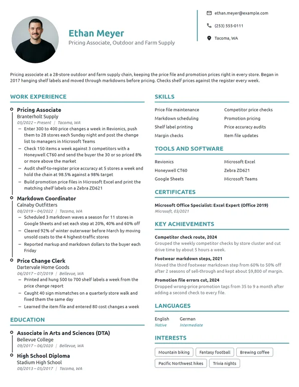 Pricing Associate resume example