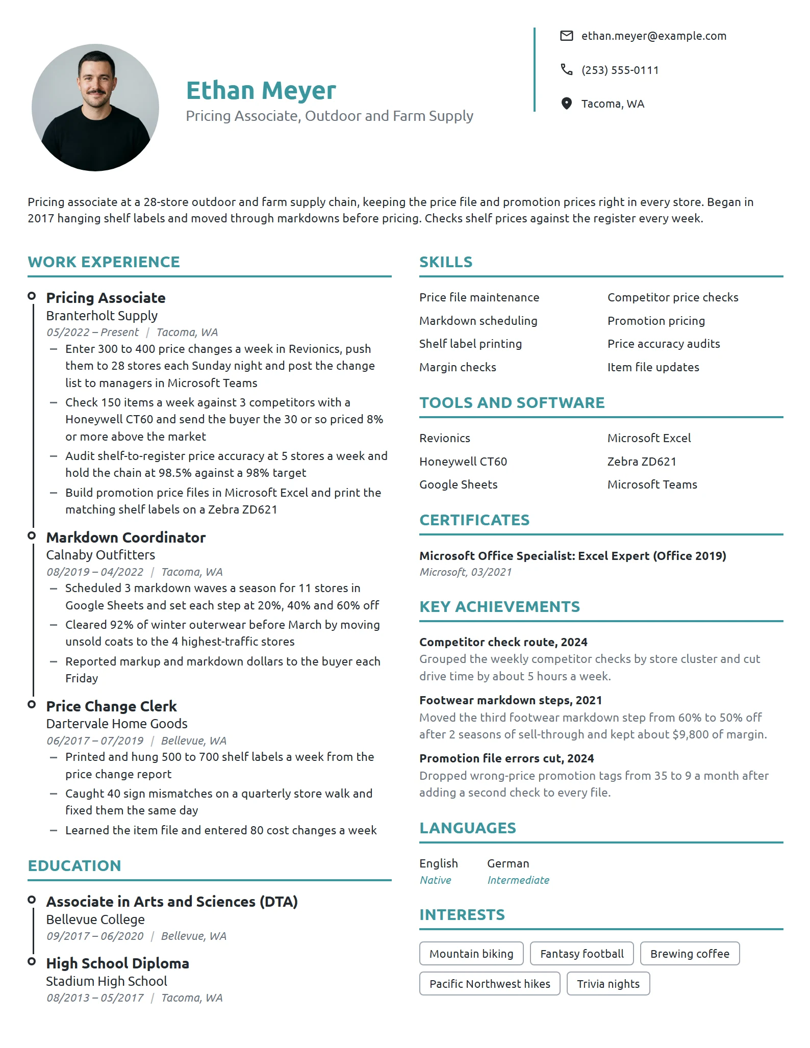 Pricing Associate resume example