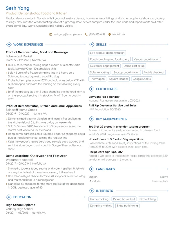 Product Demonstrator resume example