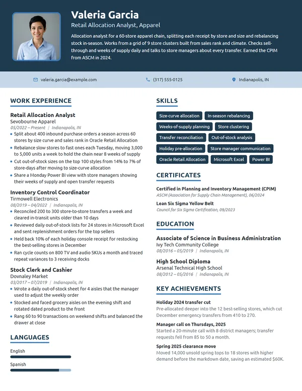 Retail Allocation Analyst resume example
