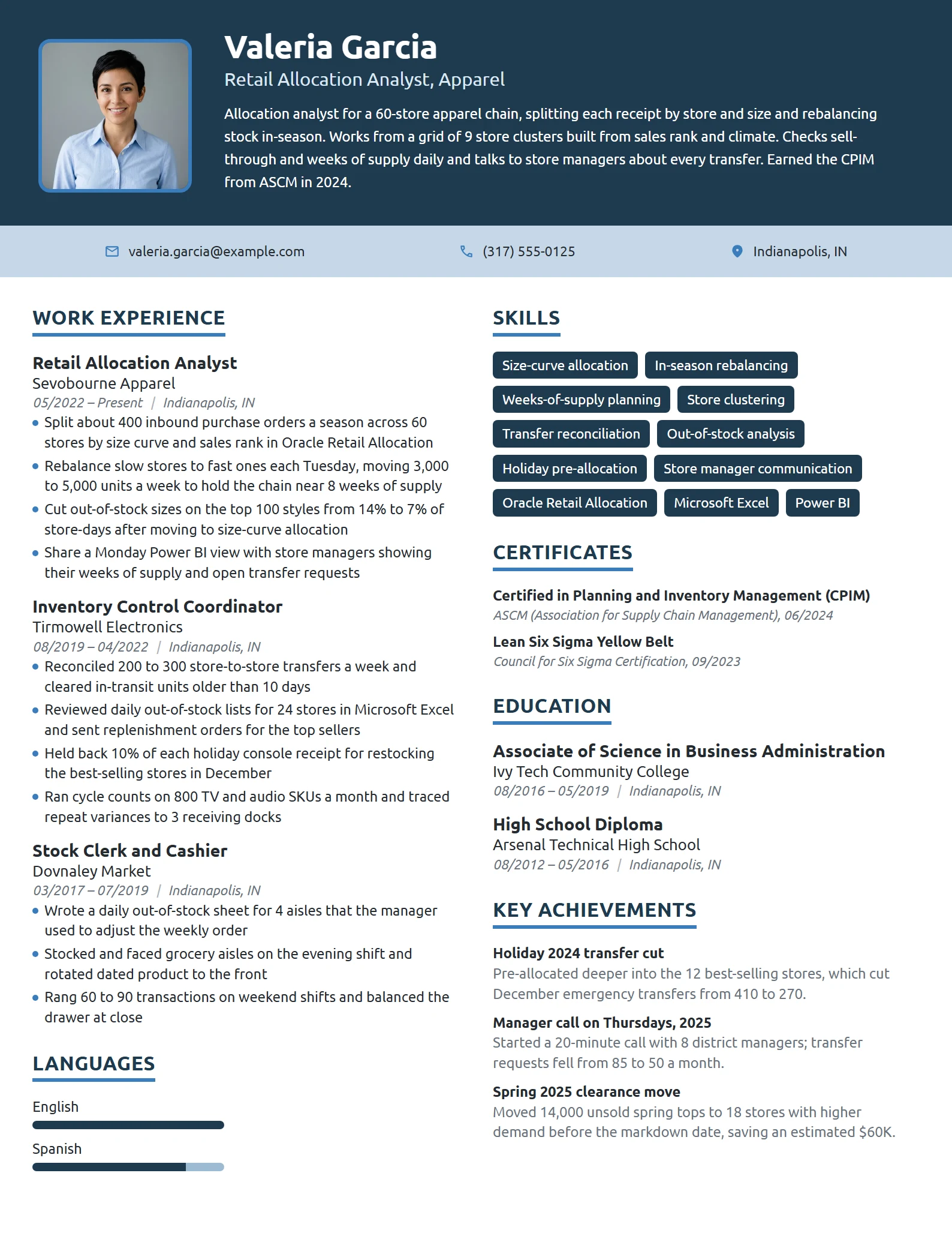 Retail Allocation Analyst resume example