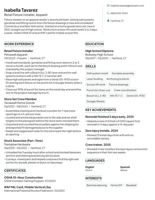 Retail Fixture Installer resume example