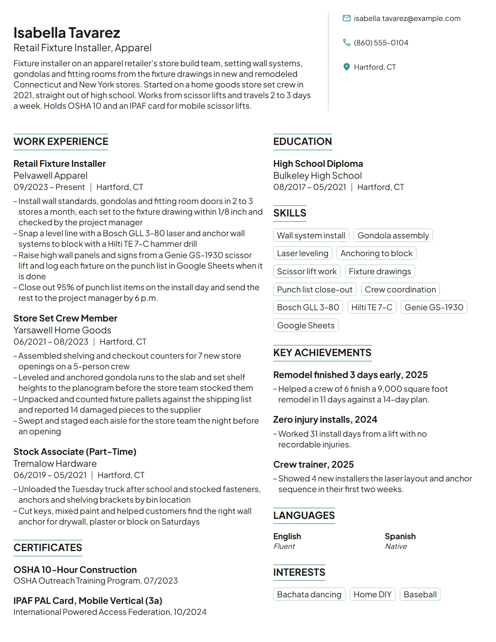 Retail Fixture Installer resume example