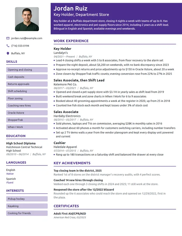 Retail Key Holder resume example